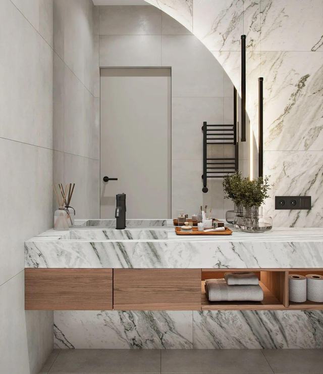 Marble vanity with open walnut shelves