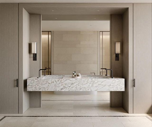 Floating marble vanity between timber panels