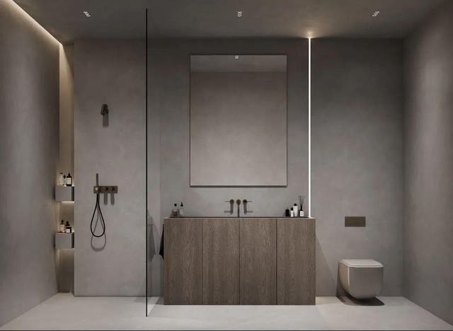 Solid timber vanity in a gray wet room