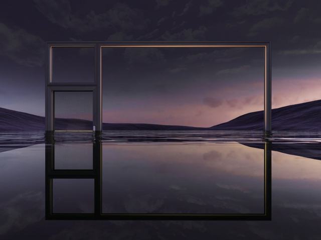 Fixed picture window framing water at dusk