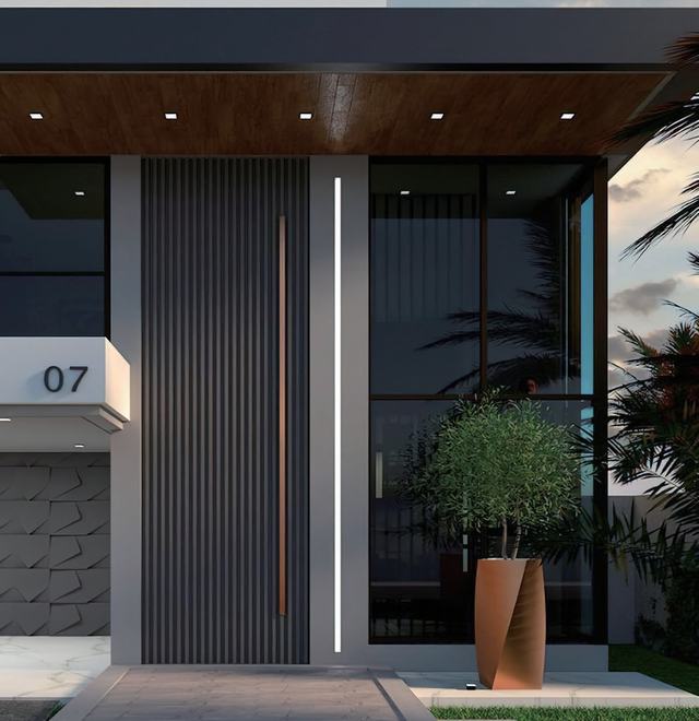 Tall pivot entry door with vertical pull