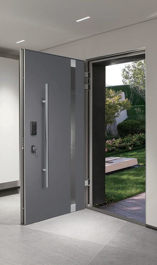 Pivot door standing open to the garden