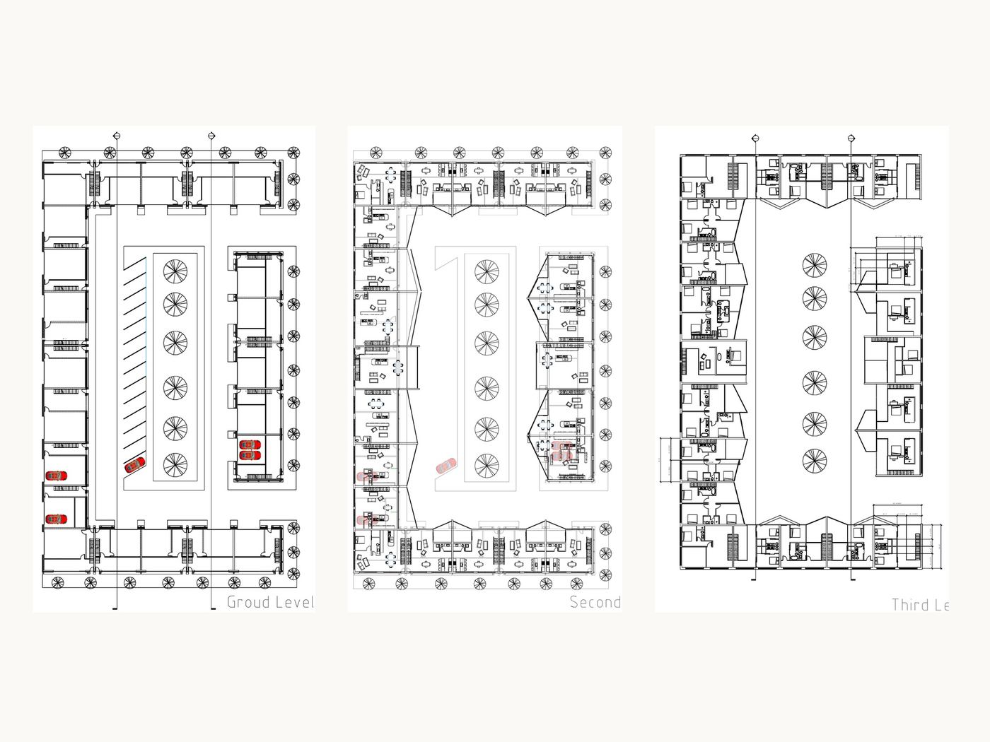 Flexible Urban Space: Ground, second and third floor plans, original drawings