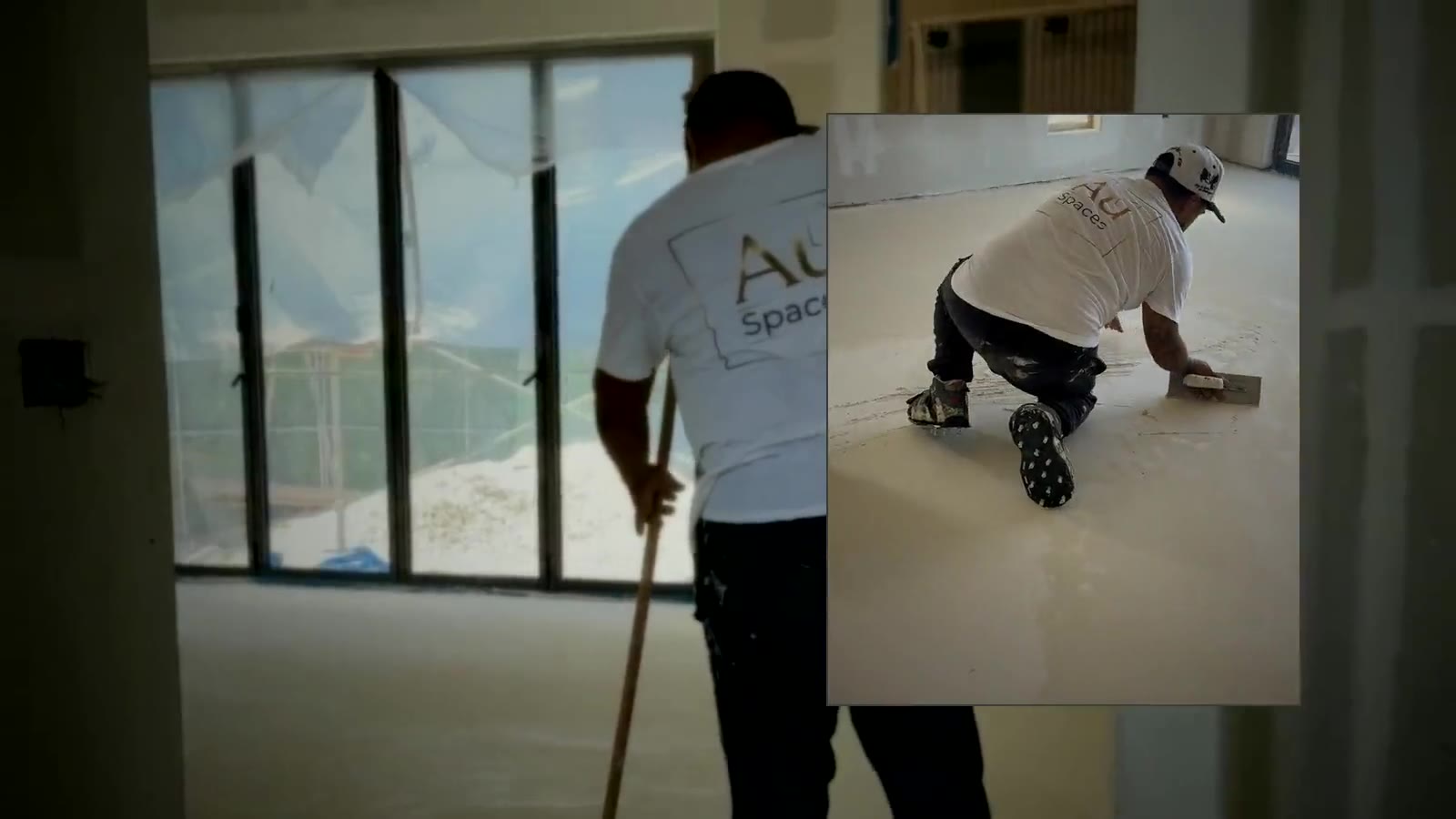 Our crew hand-finishing a microcement floor in Scottsdale
